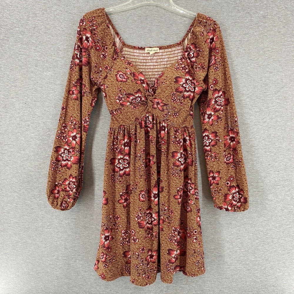 Derek Heart Brown Floral Smocked Boho Cottage Fairy Mini Dress Size S‎